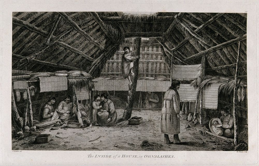 Interior of a house occupied by men, women and children in Unalaska, Alaska, visited by Captain Cook on his third voyage…