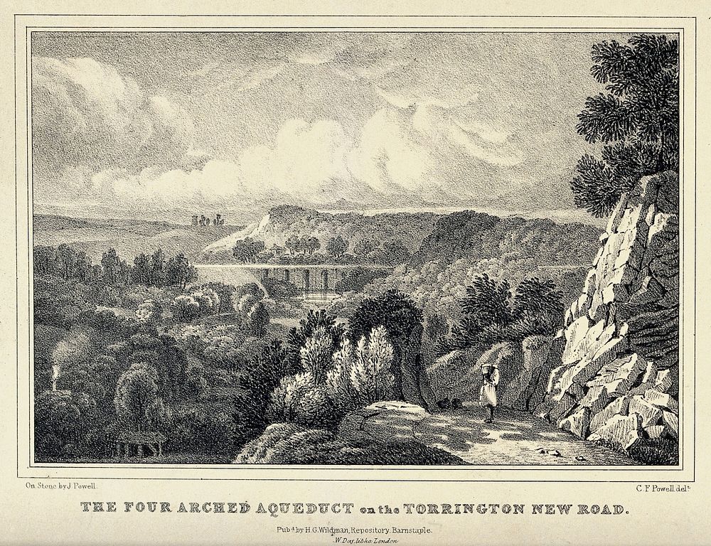 The four arched aqueduct on the Torrington new road. Lithograph by J. Powell after C.F. Powell.