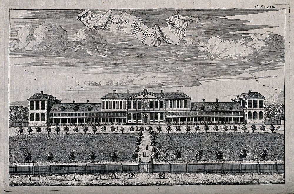 Aske's Hospital, Shoreditch, London: the facade. Engraving, 1720.