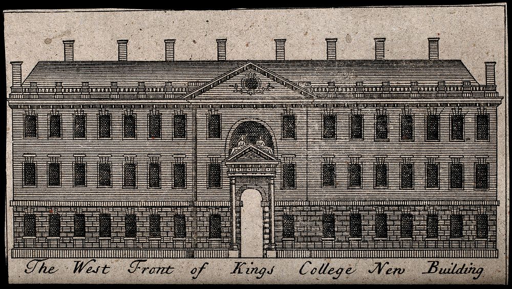 King's College, Cambridge: the river façade of the Gibbs building. Engraving.