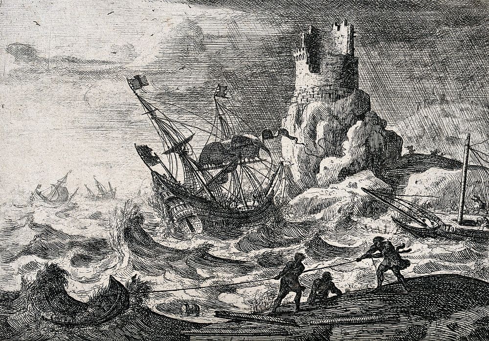 A storm at sea, with a sailing ship being wrecked on rocks. Etching by Claude Lorrain, ca. 1635-1640.