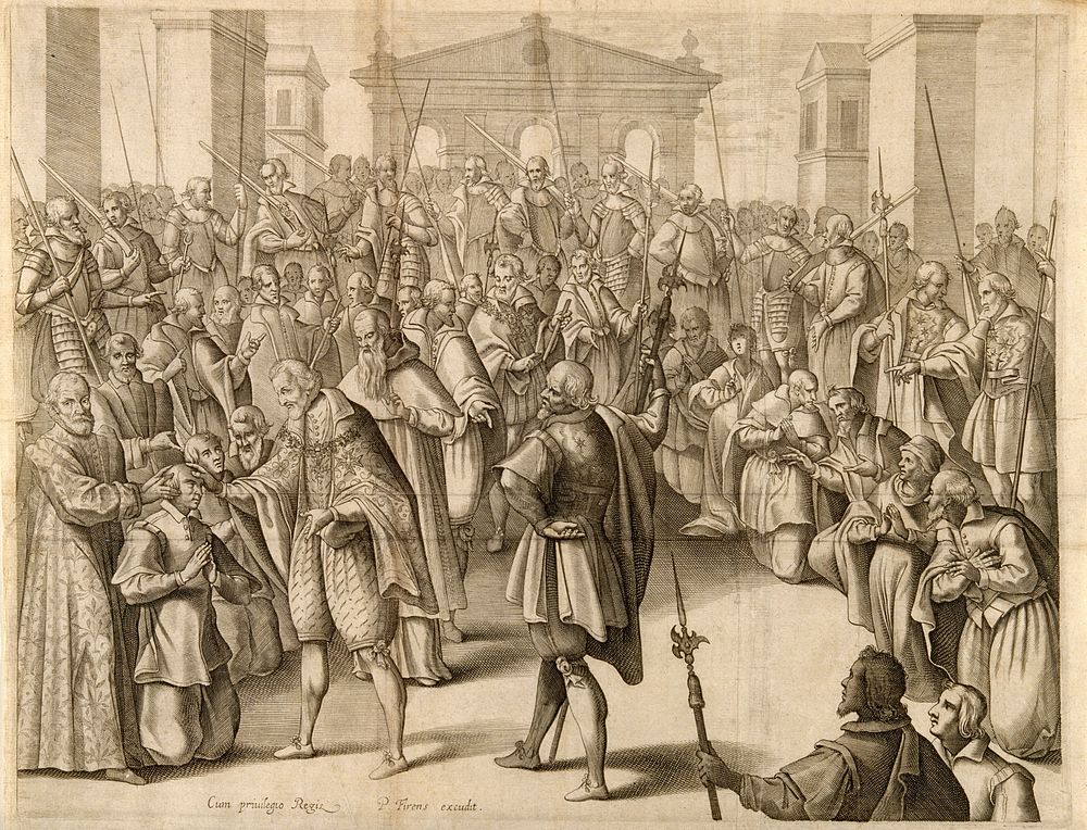 Henri IV of France touching the head of a kneeling man for the king's evil (scrofula). Line engraving.