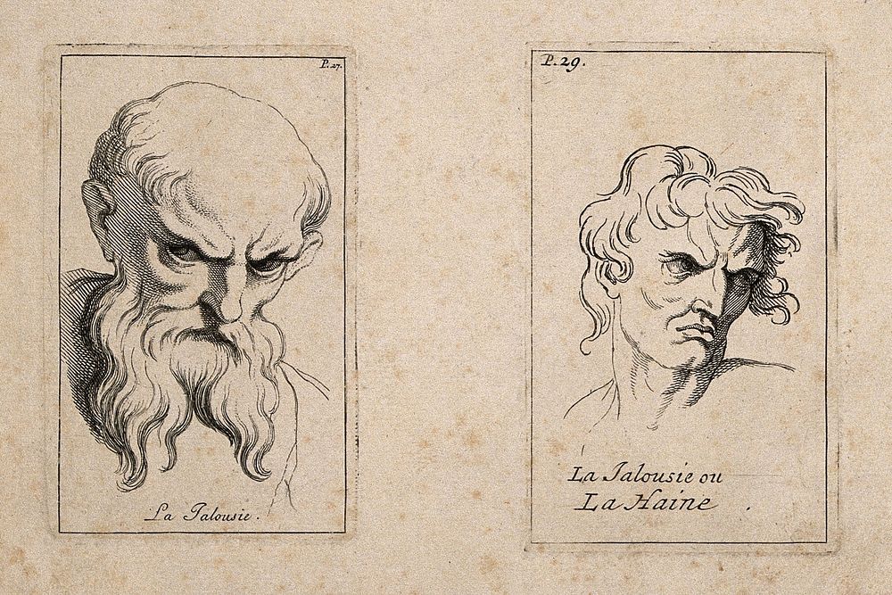 A bearded man glowering with jealousy (left) and a man expressing jealousy or hatred. Etching by B. Picart, 1713, after C.…