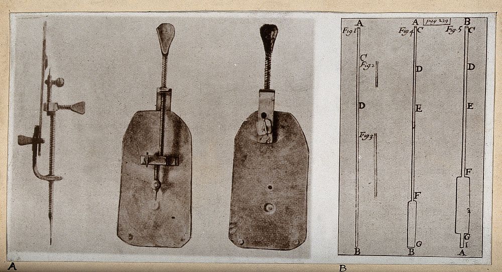 Optics: glass tubes (right) and Leeuwenhoek's first microscope (left) Photograph.