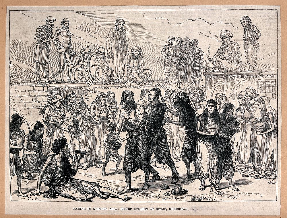 Groups of people with begging bowls stand around and some sit on the ground. Wood engraving.