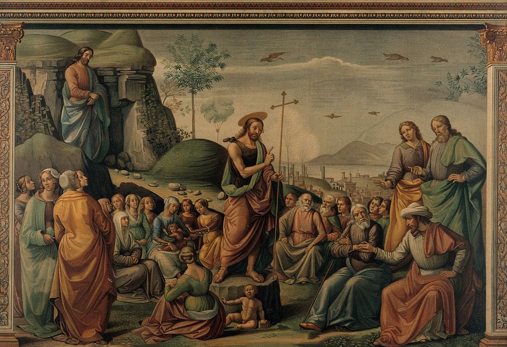 The preaching of St. John the Baptist. Chromolithograph by L. Gruner after C. Mariannecci after D. Ghirlandaio, 1490.