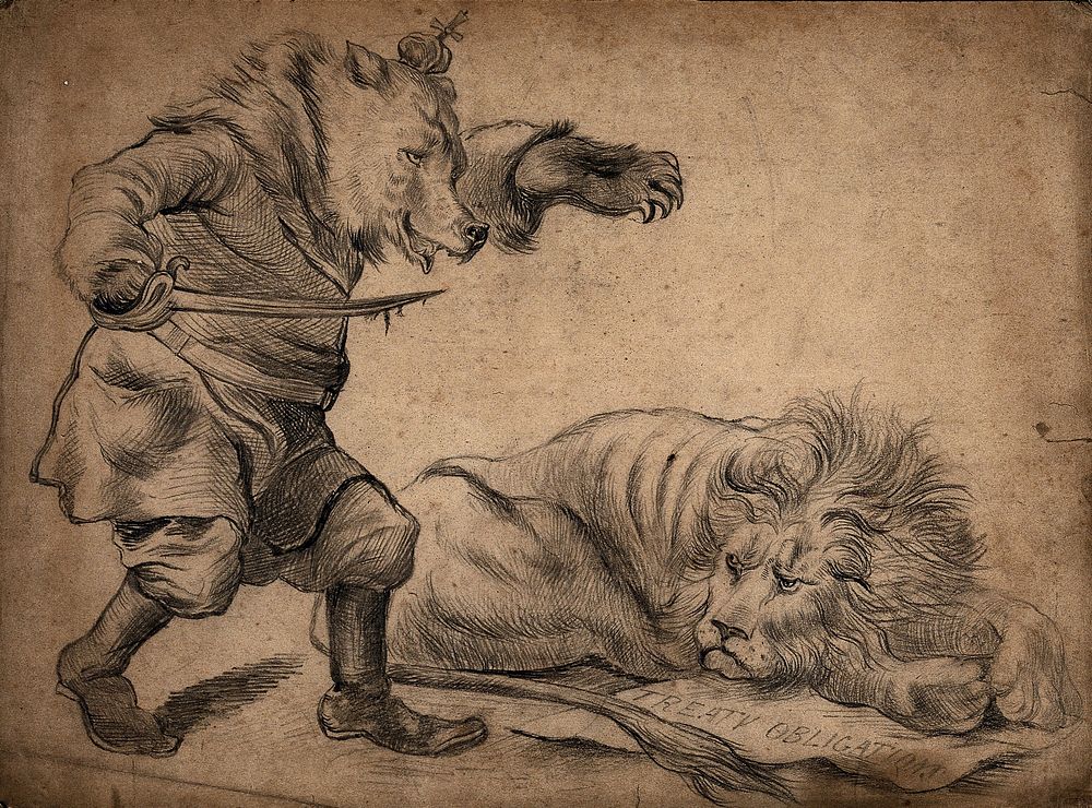 A bear wearing a crown and holding a sword is about to attack a lion lying on a sheet of paper inscribed "Treaty…
