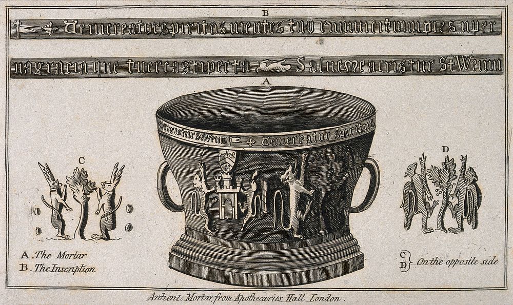 Apothecaries' Hall: an ancient mortar, with details of its decoration. Engraving.