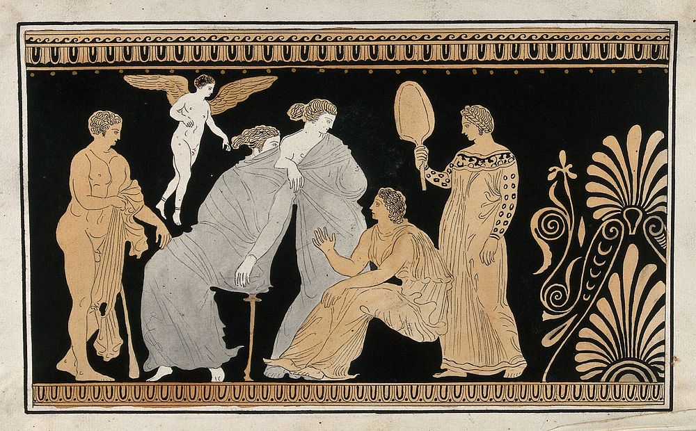 Detail of the decoration of a red-figured Greek strorage jar (pelike) showing a seated man, a seated woman (Demeter ), a…