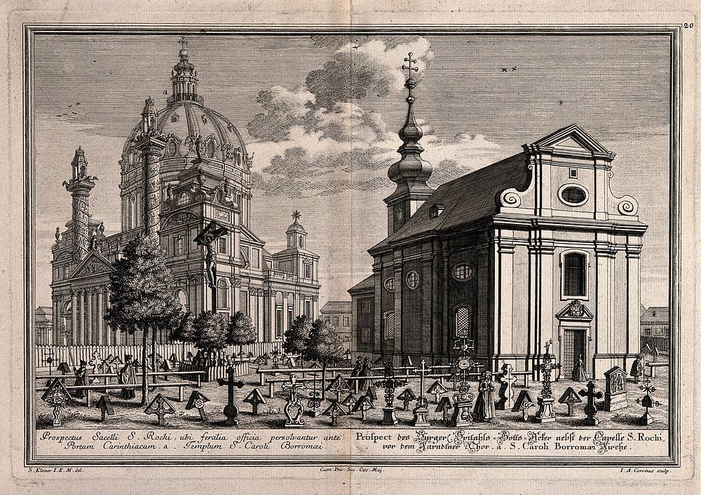 The church of Saint Charles Borromeo (Karlskirche) and the chapel of Saint Roch, Vienna. Engraving by J.A. Corvinus after S.…