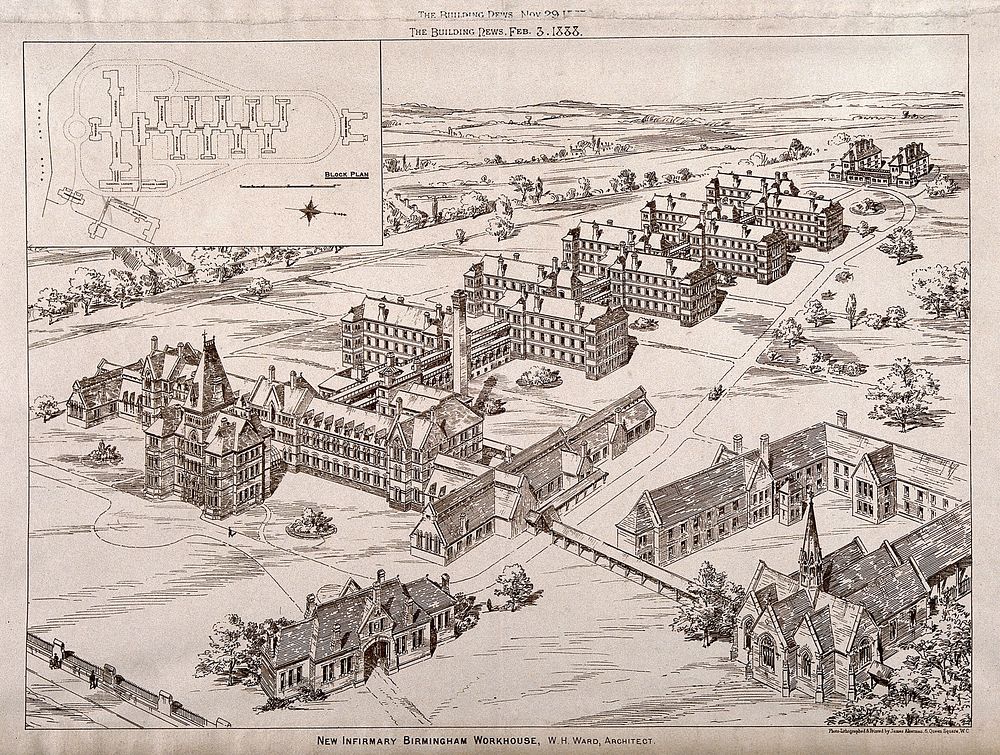 Bird's eye view of the Birmingham workhouse infirmary with a key. Photolithograph by J. Akerman.