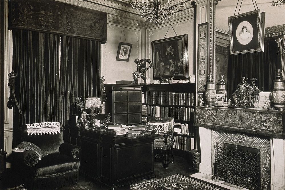 Professor and Mrs Dejerine's study in their flat Boulevard Saint Germain, Paris; desk, armchair, chimney and book.…