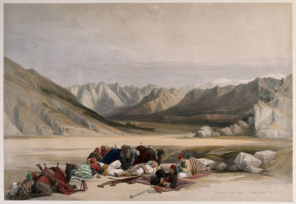 Men resting their camels and smoking by the approach to Mount Sinai. Coloured lithograph by L. Haghe after D. Roberts, 1839.