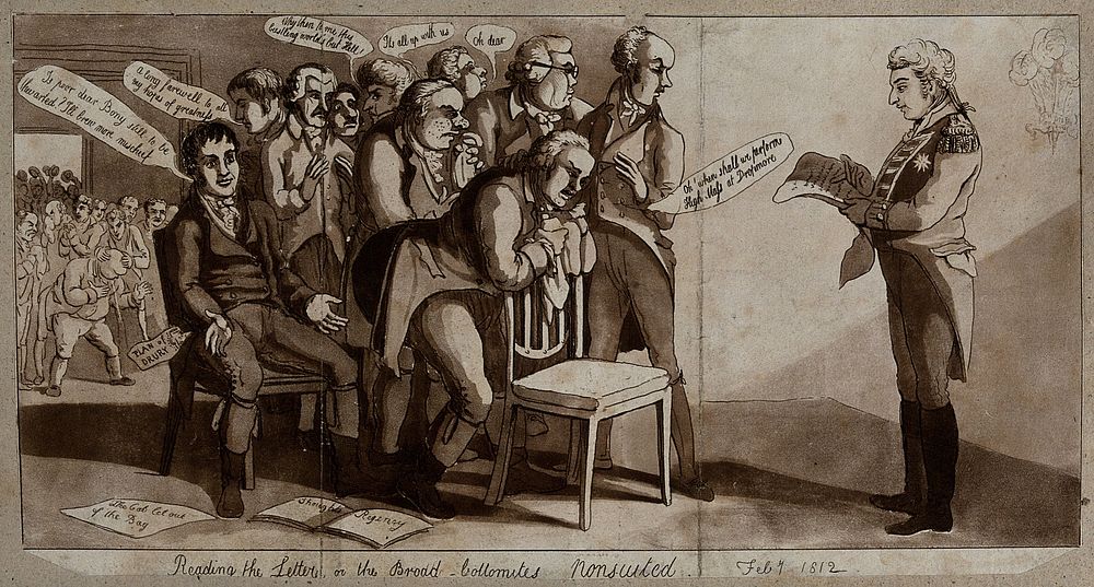 The Duke of York reading a letter from the Prince Regent to a group of Whigs who express disappointment. Aquatint, 1812.