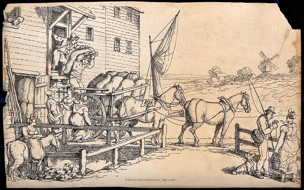 Sacks of flour are being loaded onto a cart from a miller's storehouse. Etching.