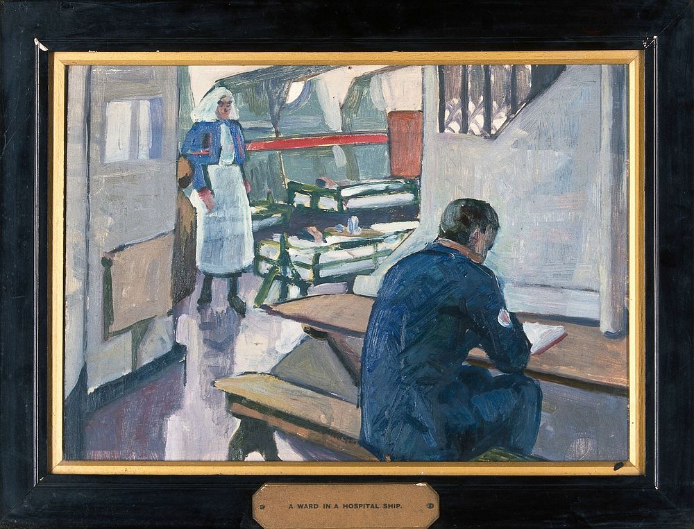 World War I: a ward in a hospital ship. Oil painting by Godfrey Jervis Gordon ("Jan Gordon"), 1917.
