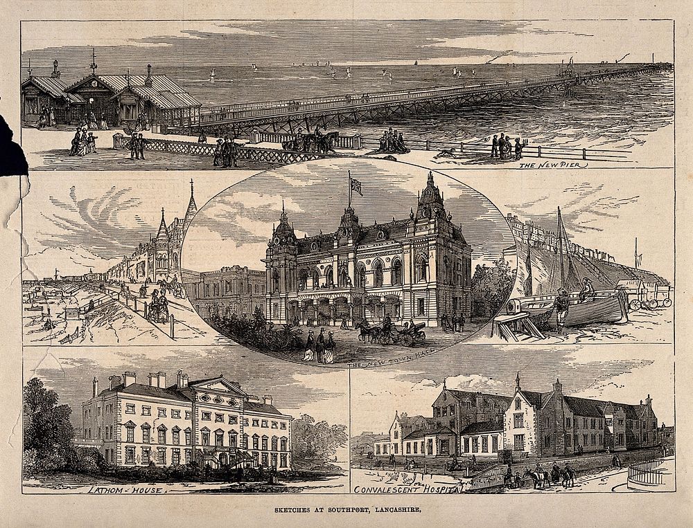Southport, Lancashire: sheet of sketches showing various sights. Wood engraving, 1872.