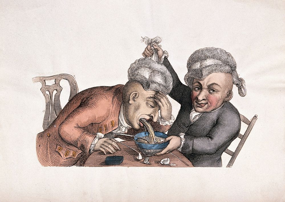 A man vomits into a bowl as his companion lifts his wig and steadies the bowl. Coloured etching by T. Sandars, 1773, after…