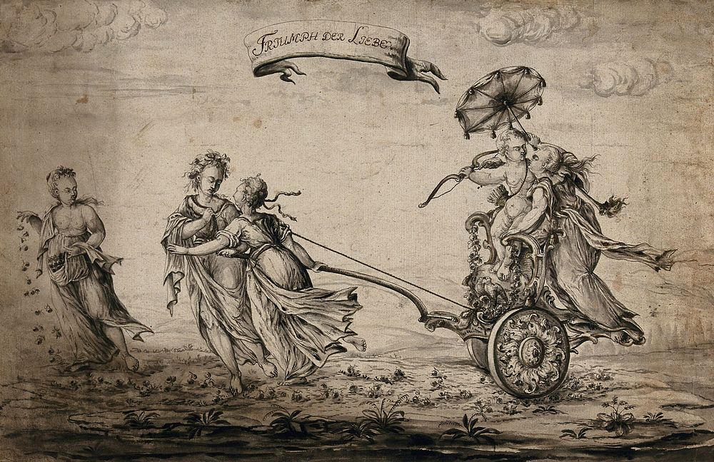 The triumph of love: Cupid and a young woman being drawn in a chariot by two women while a third scatters roses before them.…