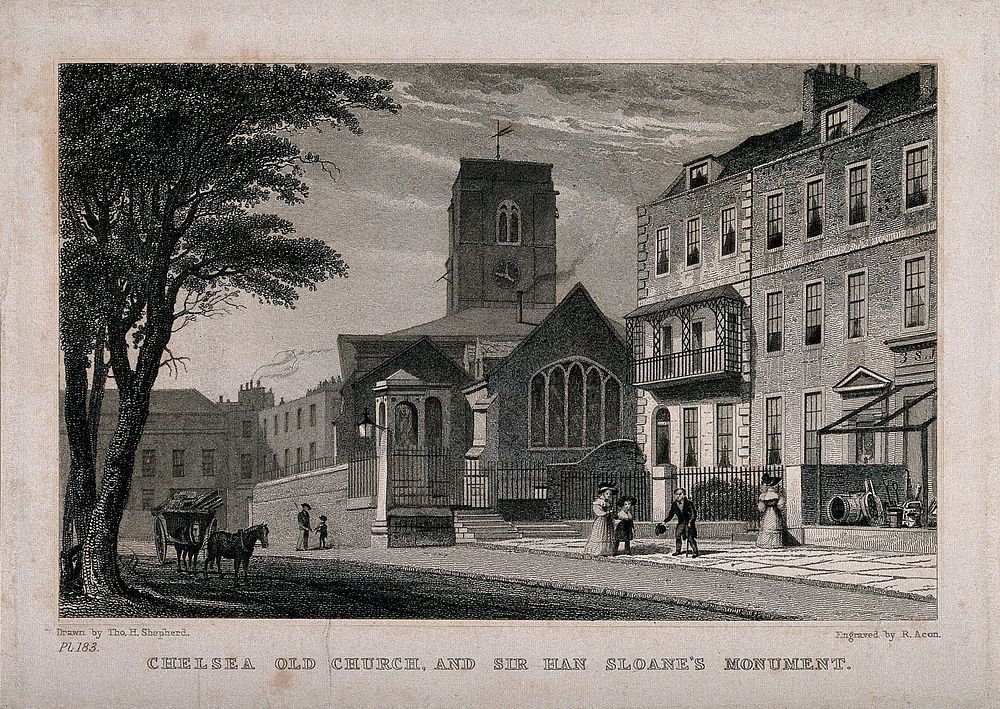 Chelsea old Church and monument to Sir Hans Sloane. Etching by R. Acon after T.H. Shepherd, ca. 1830.