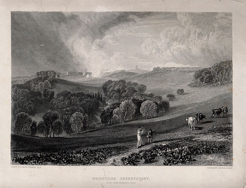 Astronomy: a woman walking on a hillside near below Brightling Observatory, East Sussex. Engraving by W.B. Cooke, 1819…