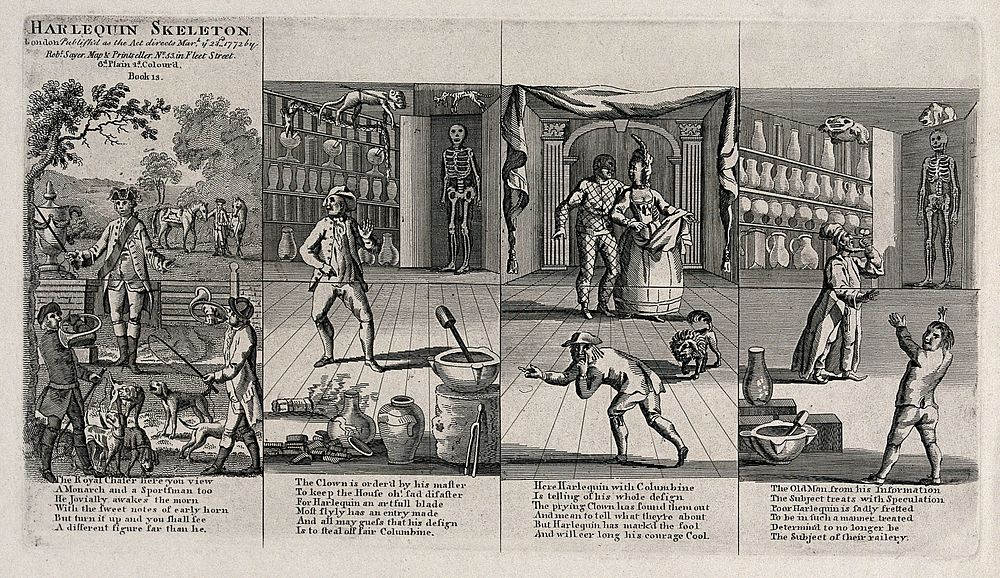Episodes in the pantomime Harlequin skeleton. Engraving, 1772.
