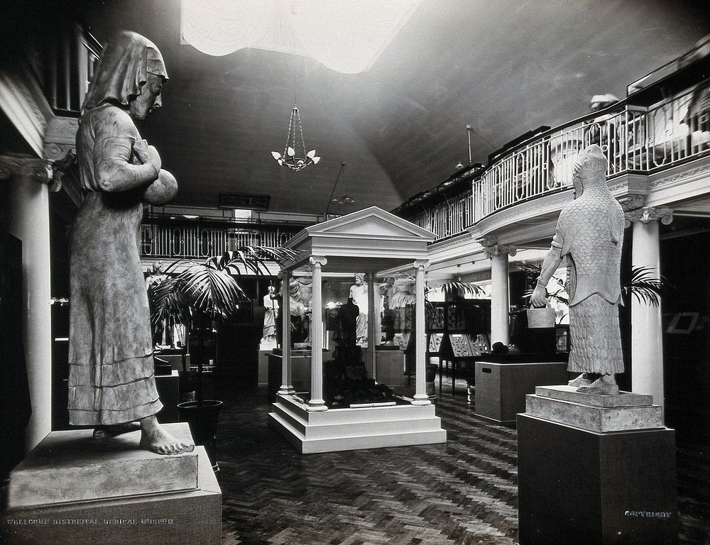 Wellcome Historical Medical Museum, Wigmore Street, London: the galleried Hall of Statuary. Photograph.