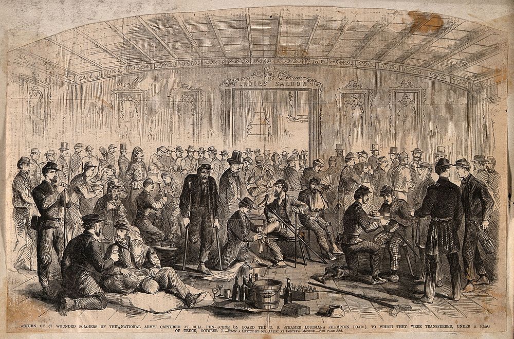 Return of wounded Confederate prisoners, under a flag of truce, during the American Civil War. Wood engraving.