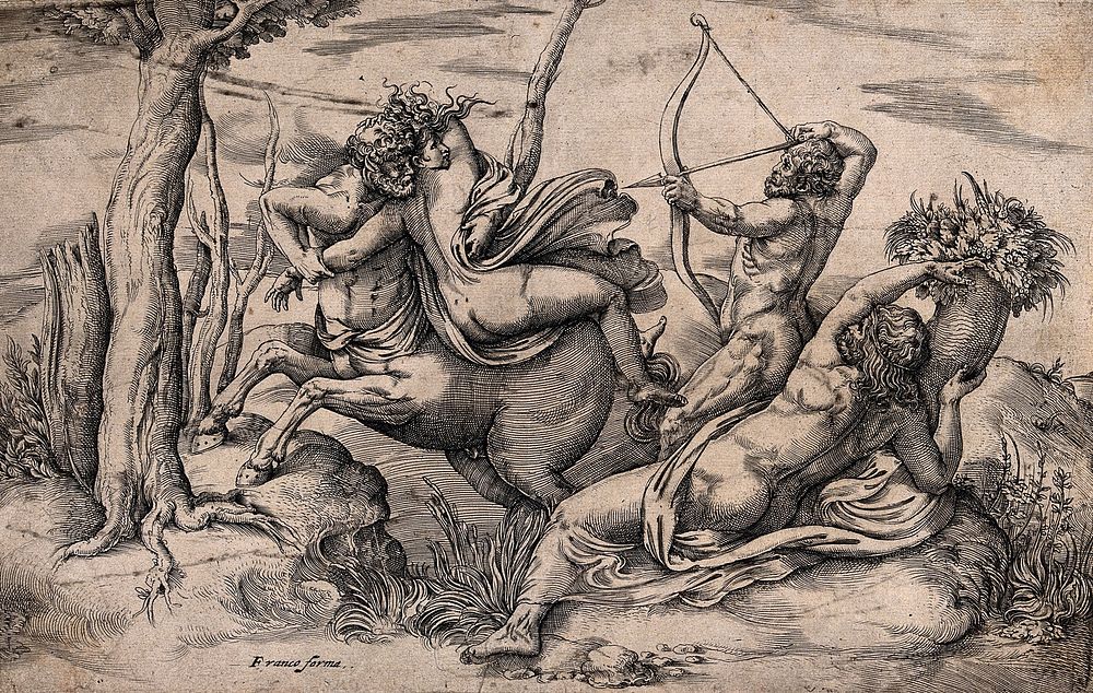 The centaur Nessus being shot by Hercules while carrying off Deianeira. Engraving by B. Franco.
