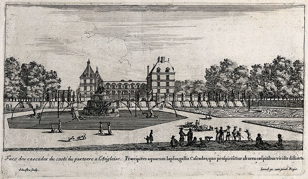 The castle of Liancourt seen from the waterfalls. Etching by I. Silvestre.