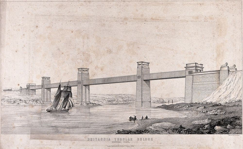 Civil engineering: the Menai box girder bridge. Lithograph by Day & son, 1849, after E. Clark.