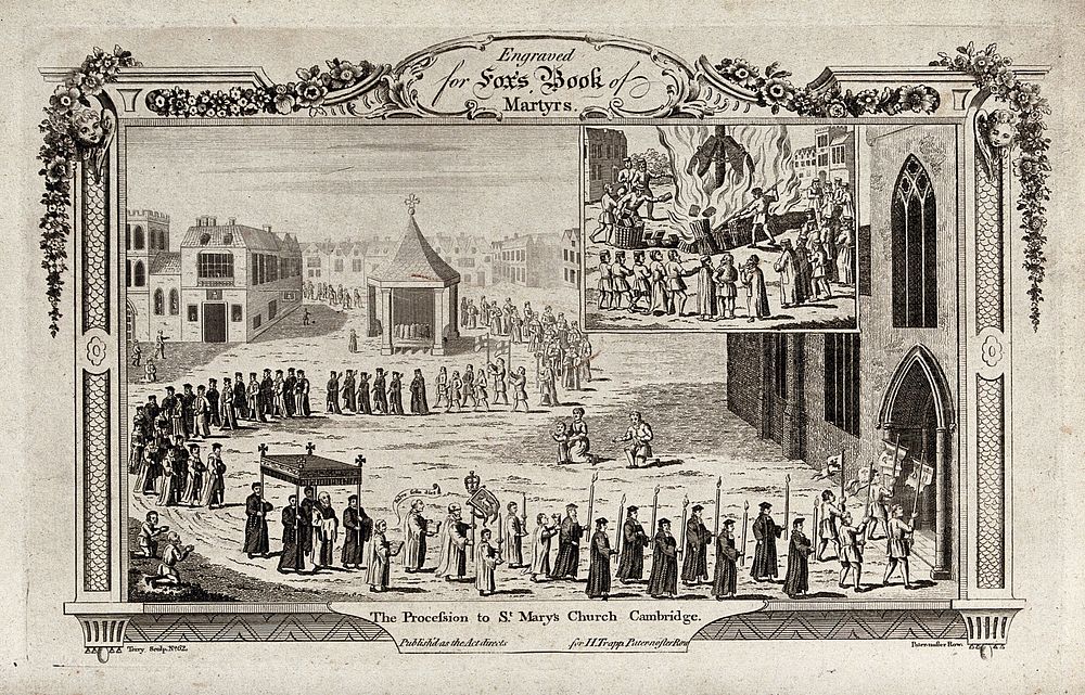 A procession to St. Mary's Church, Cambridge, and the burning of Protestant books in Cambridge marketplace. Etching by G.…