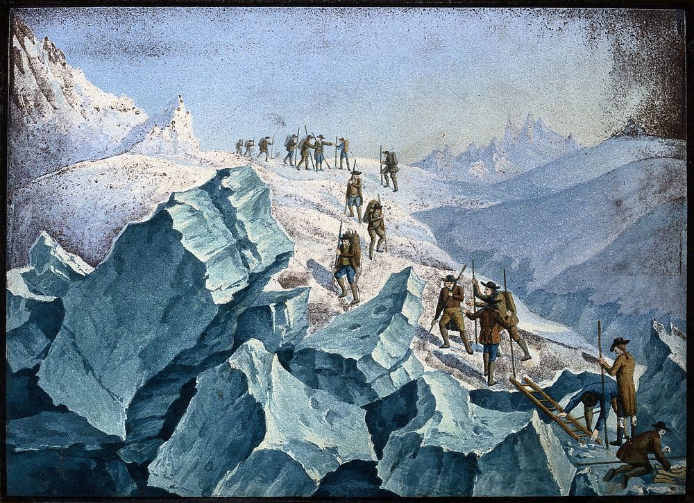 Horace Bénédict de Saussure and others descending Mont Blanc. Coloured aquatint.