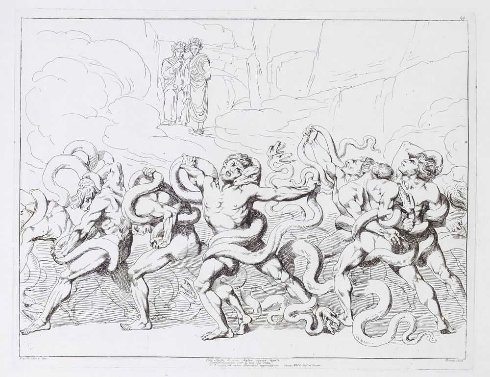 Thieves being tortured by snakes in the 8th circle of Hell, watched by Dante and Virgil. Etching by B. Pinelli, 1825.