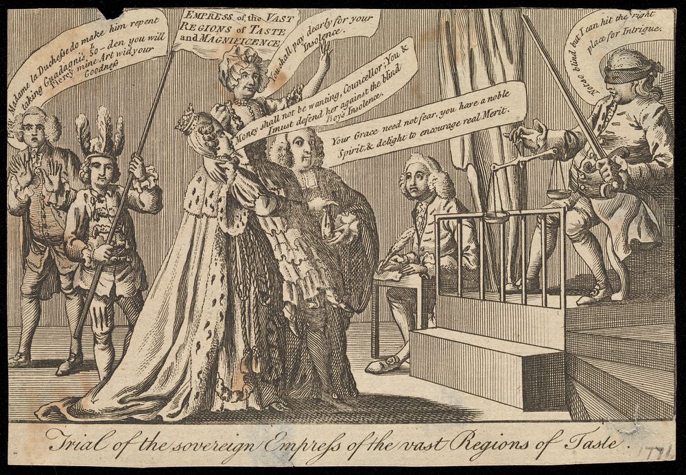 Sir John Fielding wearing a blindfold sits in a chair holding instruments of justice before Madam Cornelys on the shoulders…