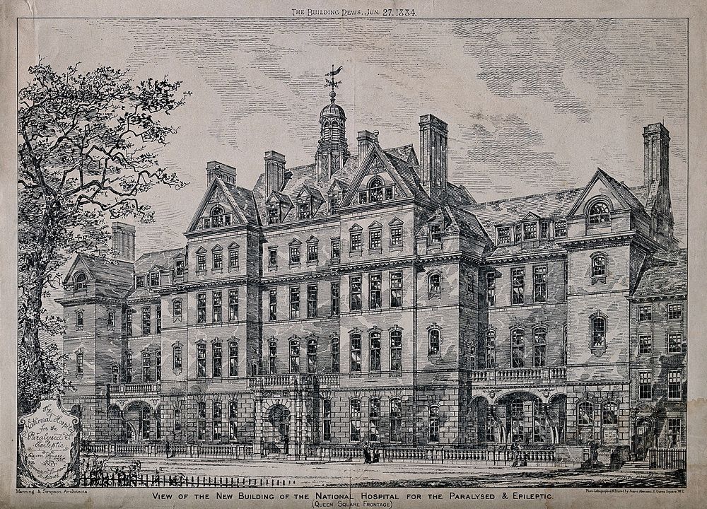 The National Hospital for the Paralysed and Epileptic, Queen Square, Holborn. Photolithograph by J. Akerman, 1884, after J.…