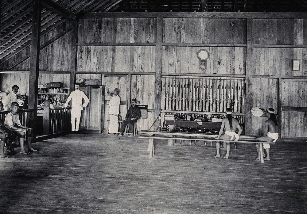 Sarawak: interior of the Baram Fort. Photograph.