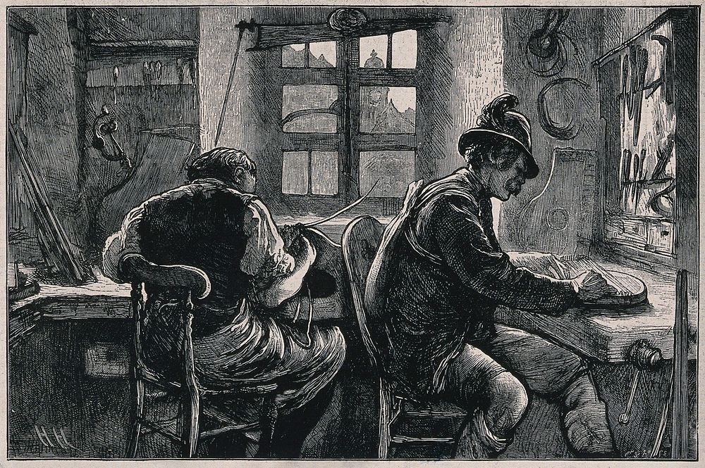 Two men are sitting at a work bench in Mittenwald, Bavaria, making zithers. Wood engraving by C & H after H. von Herkomer.