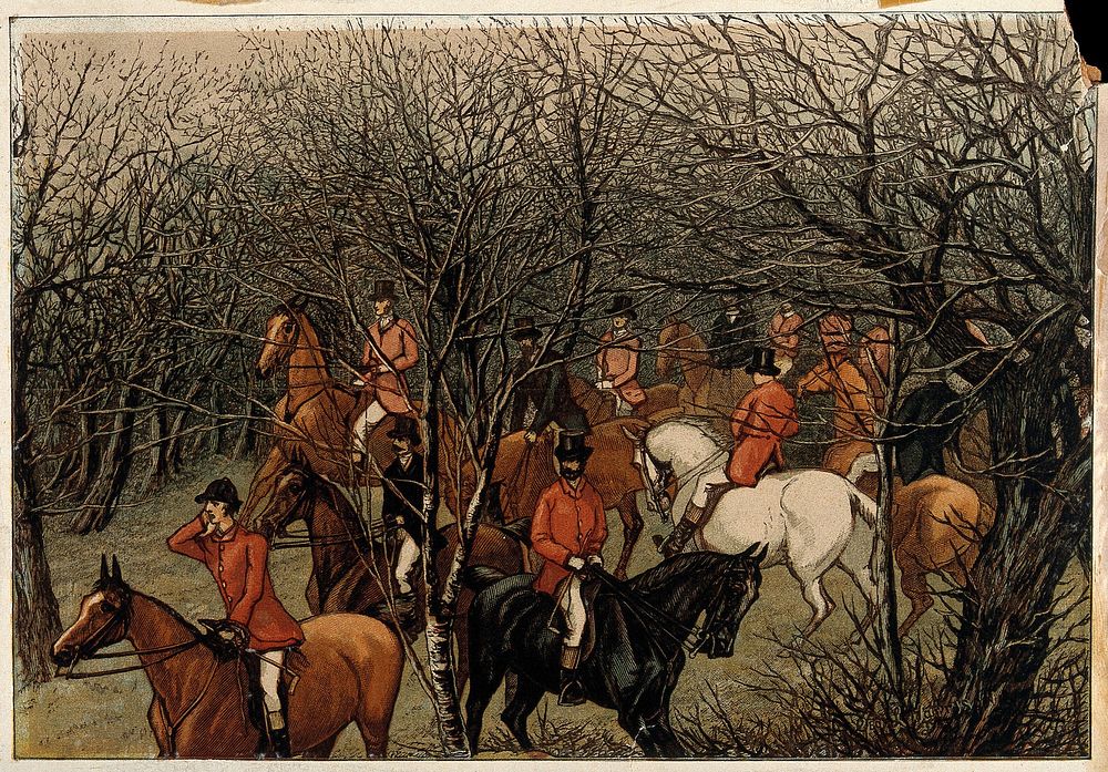 A gathering of a hunting party in an autumnal forest. Colour line block by G. L. Harrison.