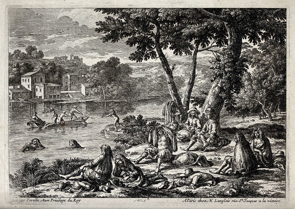 Men swimming and boating in a river; in the foreground a group of men dry themselves and relax on the river bank. Engraving…