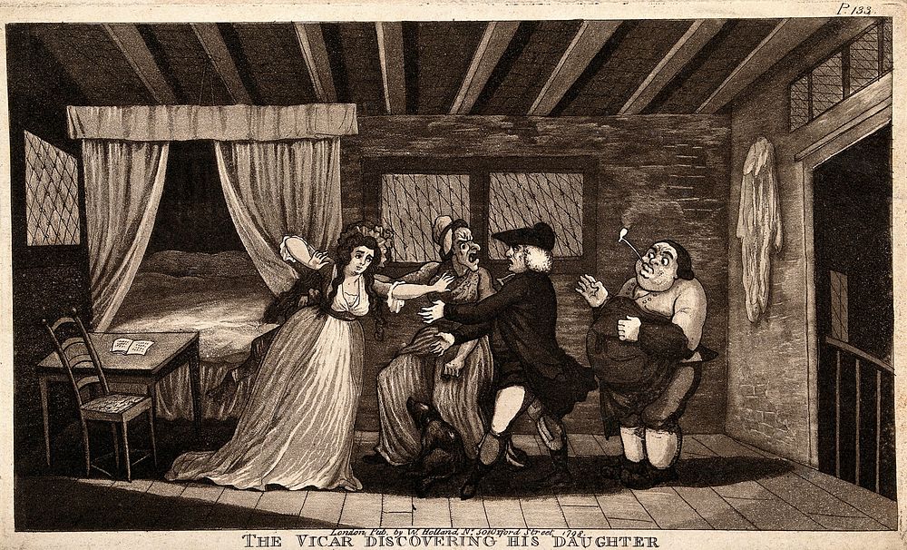 A vicar discovers his daughter in a room with a man. Aquatint.