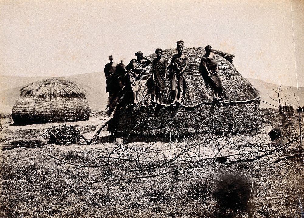 Africa: a group of African people standing on a kraal hut. Albumen print.