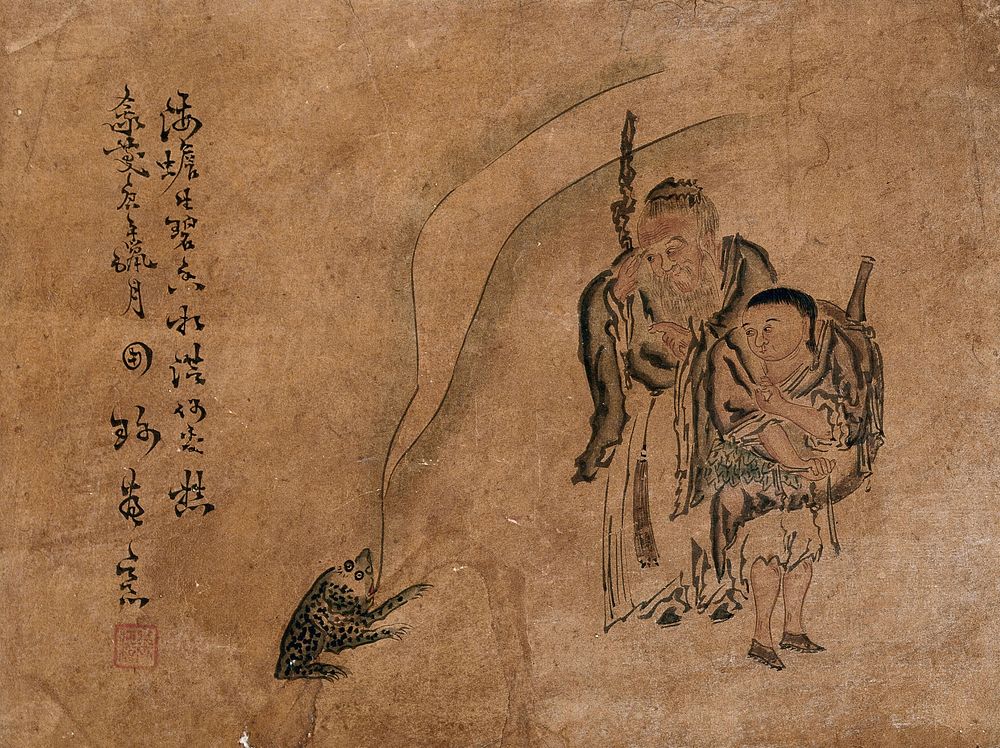 A Chinese sage, accompanied by his young assistant, blesses a frog. Painting by a Chinese artist.
