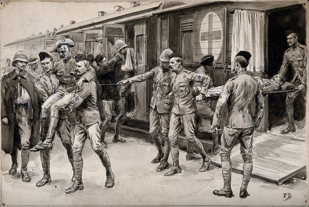 Boer War: wounded soldiers being escorted off the hospital train at Durban from Ladysmith. Watercolour by F. Dadd, 1899.