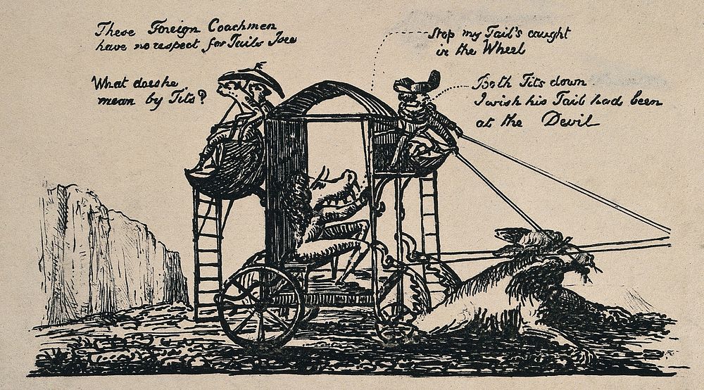 A carriage or bathing machine drawn by a sea monster is driven below cliffs: the animal inside has its tail caught in one of…