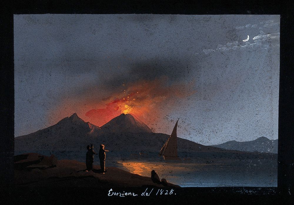 Mount Vesuvius in eruption at night, showing the Bay of Naples in the foreground with a sailing boat, and spectators on the…