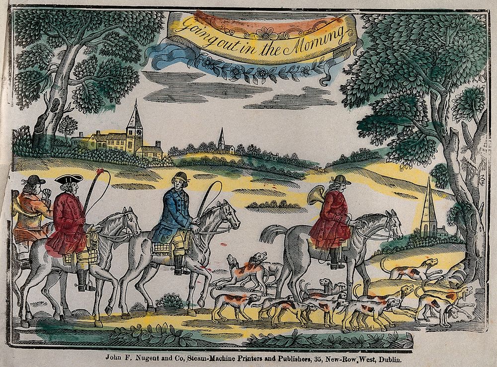 Four hunters on horseback with hounds, setting off for the hunt; a village in the background. Coloured woodcut, ca. 1850.