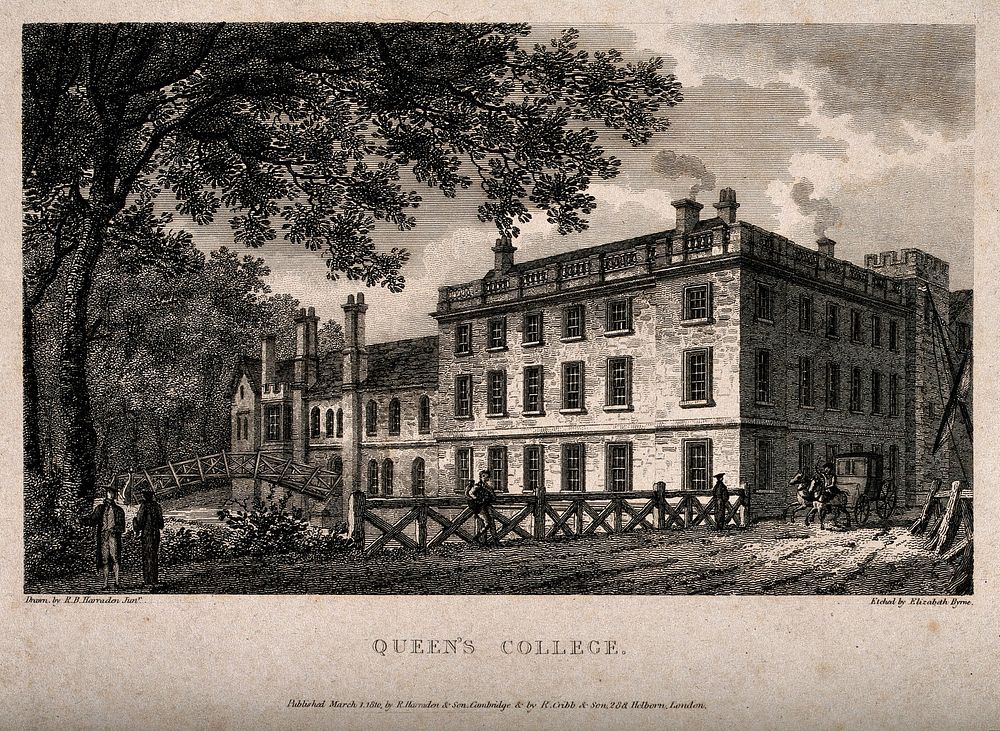 Queen's College, Oxford: from the river. Line engraving by Elizabeth Byrne, 1810, after R.B. Harraden.