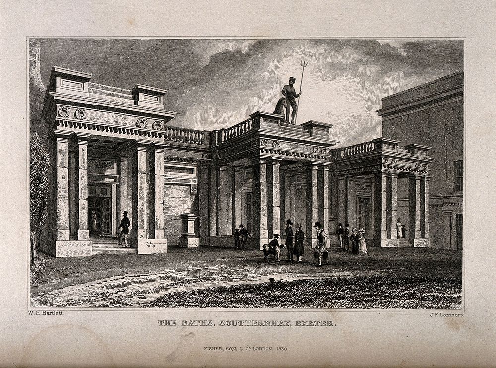 Baths, Southernhay, Exeter. Engraving by J.F. Lambert, 1830, after W.H. Bartlett.