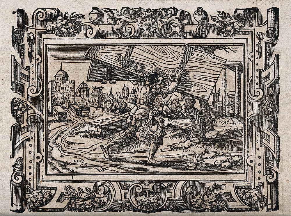 Samson carries the gates of Gaza out of the city. Woodcut.